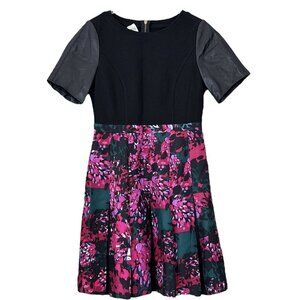 Ali Ro Silk Genuine Leather Floral Pleated Cocktail Dress Black Pink Size 4